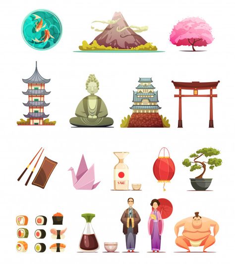 Japanese culture traditions cuisine retr... | Free Vector #Freepik #freevector #food #travel #nature #cartoon Cherry Blossom Bonsai, Japan Holidays, Mexico Design, Retro Cartoon, Japan Culture, Kamakura, Retro Cartoons, Icon Collection, Cartoon Icons