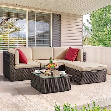 Yaheetech 5 Pieces Outdoor Patio Furniture Set, Patio Wicker Sectional Sofa Set w/Cushions & Coffee Table, Outdoor Conversation Set for Porch, Garden, Backyard Dining Sofa, Wicker Sectional, Rattan Furniture Set, Outdoor Conversation Sets, Patio Sofa Set, Table Outdoor, Outdoor Sofa Sets, Outdoor Patio Furniture Sets, Porch Garden