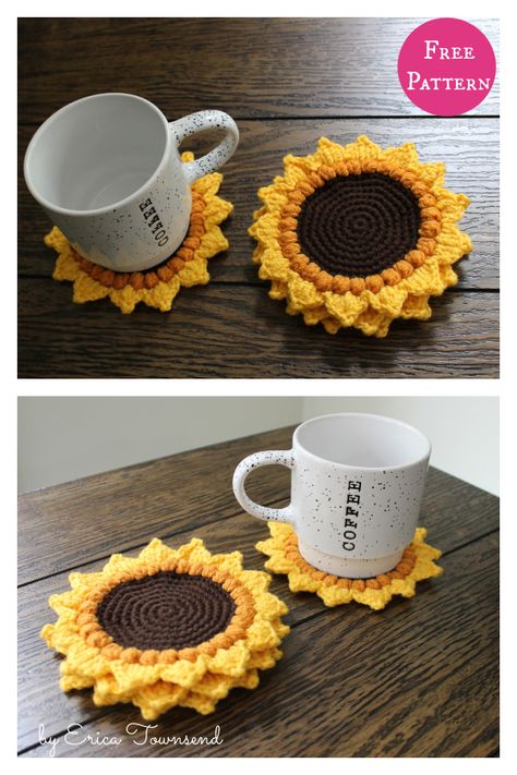 Sunflower Cup Coasters Free Crochet Pattern Crochet Cup Mat, Crochet Sunflower Placemat, Crochet Sunflower Coasters Free Pattern, Crochet Animal Coasters, Sunflower Coasters Crochet Free Pattern, Crochet Flower Coasters Free Pattern, Mini Crochet Sunflower, Crochet Sunflower Pattern Free, Bee Coasters