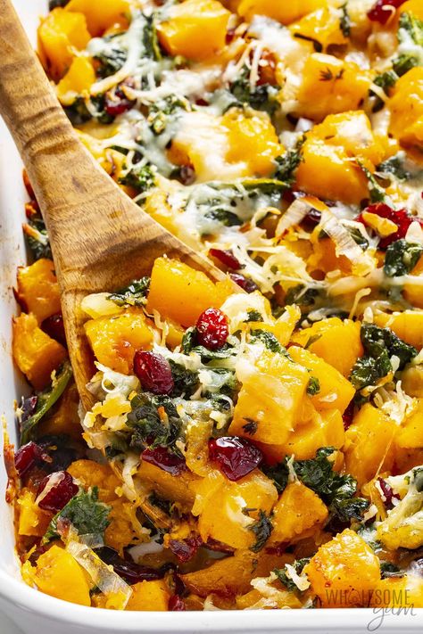 Butternut Squash Casserole Butternut Squash Recipes Healthy Easy, Kale Butternut Squash Recipes, Vegan Butternut Squash Casserole, Kale And Butternut Squash Recipes, Butternut Squash Casserole Recipes, Winter Squash Casserole, Butternut Squash Recipes Healthy, Butternut Squash Kale, Healthy Chicken Casserole