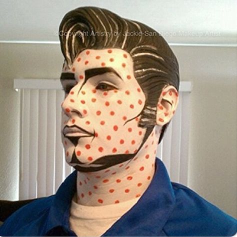 Pop art male Men Makeup Halloween, Extreme Make-up, Comic Book Makeup, Comic Makeup, Pop Art Costume, Painting Costume, Foam Wig, Pop Art Face, Men Makeup