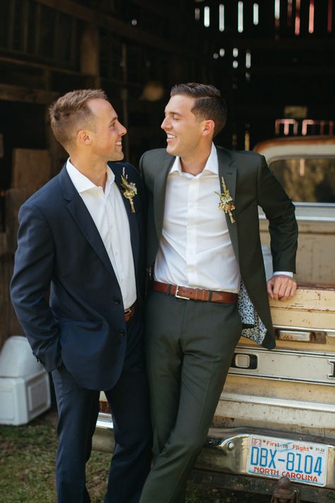 Lgbtq Wedding Two Grooms, Gay Wedding Outfits, Gay Wedding Aesthetic, Gay Photoshoot, Gay Wedding Photos, Firefighter Calendar, Boone Nc, Relaxed Wedding, Lgbtq Wedding