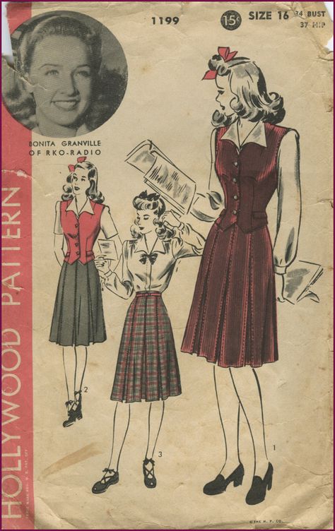 Hollywood #1199 1940s Movie Stars, Bonita Granville, Clothing Construction, Womens Waistcoat, Ann Miller, Patron Vintage, Fashion 1940s, Skirt Blouse, Vintage Dress Patterns