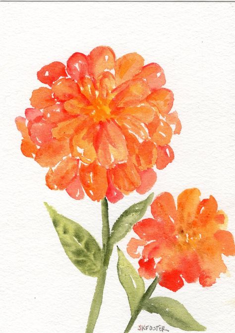 Zinnia watercolor painting original, Small Flower Art 5 x 7 floral artwork, orange flower painting, zinnia painting by SharonFosterArt on Etsy Zinnia Watercolor, Zinnia Painting, Ideas For Flowers, Zinnia Flower, Watercolor Orange, Orange Watercolor, Orange Painting, Zinnia Flowers, Flowers Orange