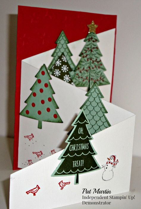 Perfect Pines Bundle, White Christmas Stamp Set,Real Red card sock and ink, Mint Macaron card stock, Mossy Meadow ink, Early Espresson ink, Gold Glimmer Paper. Christmas Cards Drawing, Homemade Christmas Cards, Trees Christmas, Stampin Up Christmas Cards, Christmas Card Crafts, Christmas Tree Cards, Diy Christmas Cards, Fancy Fold Cards, Christmas Stamps