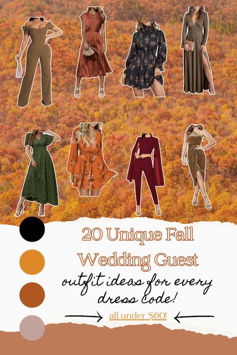 20 unique fall wedding guest outfit ideas that you can buy all under $60 Wedding Guest Pants, Dressy Casual Wedding, Fall Wedding Guest Outfit, Wedding Guest Outfit Ideas, Fall Dressy, Wedding Guest Outfit Fall, Woodsy Wedding, Fall Wedding Guest, Rustic Romance