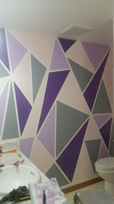 Above The Sofa Wall Decor, Lavender Wall Paint, Half Bath Decor Ideas, Half Bath Decor, Geometric Wall Paint, Sofa Wall Decor, Lavender Wall, Green Accent Walls, Tape Wall