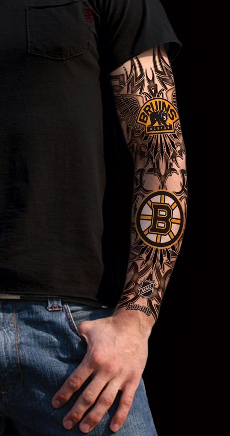 Boston Bruins Tattoo Ideas, Bruins Tattoo Ideas, Boston Bruins Tattoo, Hockey Tattoo Ideas, Bruins Tattoo, Hockey Tattoo, Thigh Tattoo Men, Bruins Logo, Boston Bruins Logo