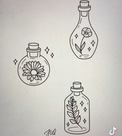 Matching Witch Tattoo, Potion Tattoo Design, Witchy Friend Tattoos, Potions Tattoo, Witchy Doodles Simple, Easy Witchy Drawings, Witchy Tattoos Simple, Flash Tattoo Designs Simple, Witchy Drawings Simple