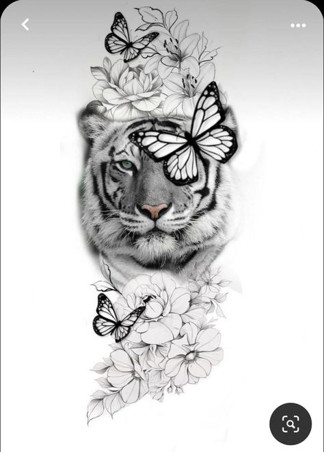 Lion Tattoo With Flowers And Butterflies, Tiger With Butterfly Tattoo, Tiger Tattoo With Leaves, White Tiger Tattoo For Women, Lion And Butterfly Tattoo, Tiger Thigh Tattoo For Women, Tiger And Butterfly Tattoo, Realistic Tiger Tattoo Design, Feminine Tiger Tattoo For Women