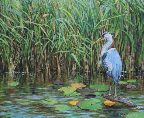 Painting Lily Pads, Bathroom Mural, Picture Wire, Original Pastel, Herons, Bird Painting, Original Landscape Painting, Blue Heron, Original Landscape