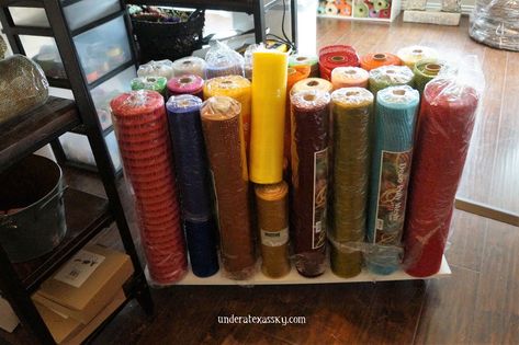 Ribbon Organization Ideas, Silk Flower Storage, Mesh Pumpkin Wreath, Diy Vinyl Storage, Organized Craft Room, Deco Mesh Pumpkin, Organization Craft Room, Mesh Pumpkin, Craft Sewing Room Ideas