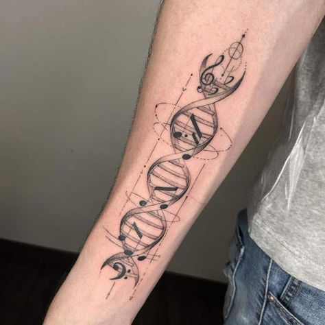 Dna Tattoo Ideas, Tattoos Change, Trumpet Tattoo, Music Symbol Tattoo, Musician Tattoo, Piano Tattoo, Headphones Tattoo, Guitar Tattoo Design, Music Tattoo Sleeves