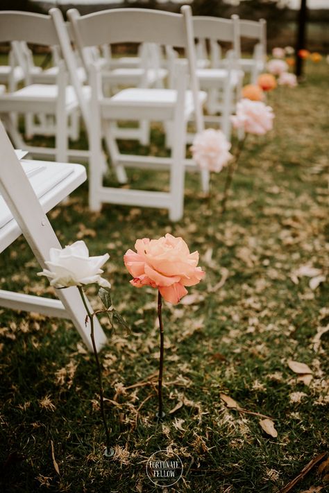 Outdoor Lawn Wedding Ceremony, Single Stem Flower Aisle, Single Stem Aisle Flowers, Ribbon Aisle Decor, Flowers In Ground Wedding Aisle, Single Stem Aisle, Wedding Aisle Inspiration, Simple Aisle Flowers, Simple Wedding Aisle Decor Outdoor Ceremony