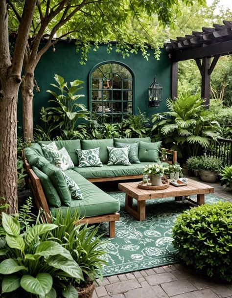 Green House Decor Ideas, Interior Design Green Living Room, Small Front Patio, Cozy Garden Ideas, Green Patio, Cozy Garden, Outdoor Patio Designs, Cozy Patio, Outside Patio