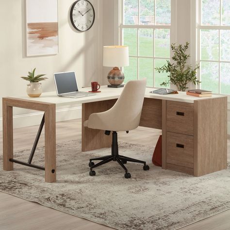 Sauder Dixon City L Shaped Desk With Drawers | Desks | Furniture & Appliances | Shop The Exchange T Shape Desk Office, Luxury L Shaped Desk, Home Office Executive Desk, Office With Corner Desk, L Shape Desk Office Layout Small Spaces, L Shaped Desk Office Layout, Modern Home Office For Women, Havenly Office, Small L Shaped Desk