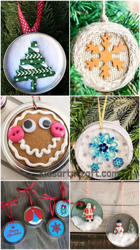 Mason Jar Christmas Crafts For Kids, Canning Ring Crafts, Canning Jar Lids Christmas Ornaments, Diy Canning Lid Christmas Ornaments, Diy Christmas Ornaments Mason Jar Lids, Mason Jar Lids Crafts, Jar Lid Crafts, Mason Jar Lids. Snowman, Mason Jar Lids Ornaments