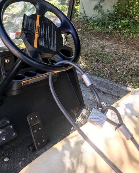 Golf cart locks and tips to keep your golf cart secure and safe from theft. #golfcartlocks #golfcartsecuritytips Golf Cart Hacks, Golf Cart Ideas, Ezgo Golf Cart Accessories, Golf Cart Storage, Paddleboard Rack, Used Golf Carts, Camper Redo, Ezgo Golf Cart, Cart Ideas