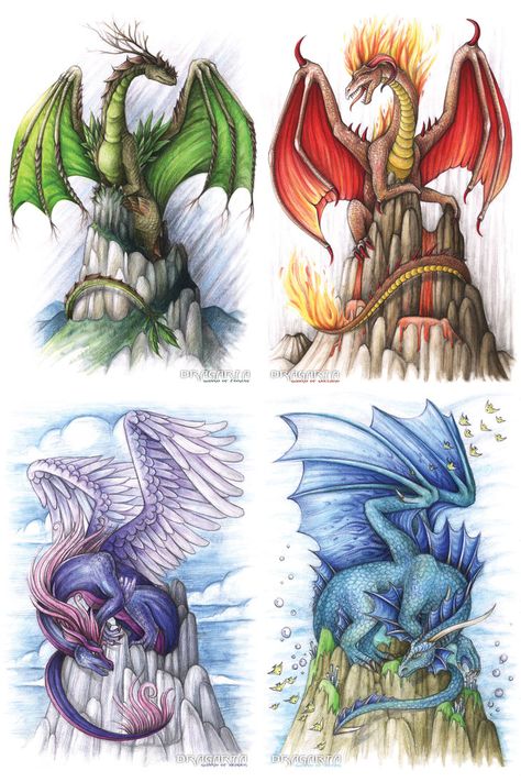 Elements - Together by Dragarta Elemental Dragons, Yin Yang Tattoos, Dragon Tattoos, Dragon's Lair, Art Traditional, Fairy Dragon, Dragon Pictures, Deviant Art, Dragon Artwork