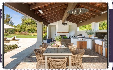 Ranch Outdoor Kitchen, Covered Dining Area Outdoor Spaces, Modern Spanish Outdoor Kitchen, Santa Barbara Style Outdoor Kitchen, Outdoor Tuscan Kitchen, Spanish Style Homes Outdoor, Mediterranean Outdoor Living, Spanish Style Bbq Area, Spanish Outdoor Kitchen Hacienda Style