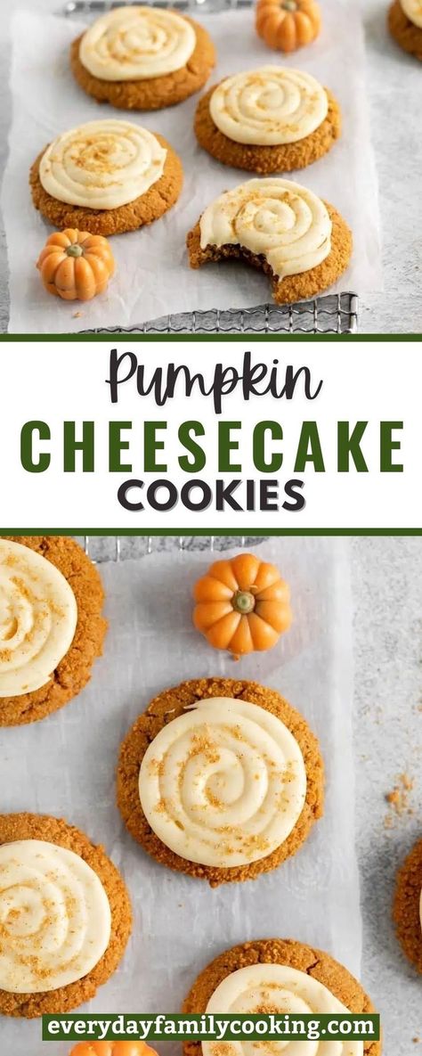 These pumpkin cheesecake cookies are divinely delicious! Soft and tender pumpkin spice cookies are topped with satiny sweet and tangy cream cheese to create the perfect holiday treat. Pumpkin Cheesecake Cookies, Fall Cookie Recipes, Fall Baking Recipes, Pumpkin Spice Recipe, Pumpkin Spice Cookies, Pumpkin Cream Cheeses, Pumpkin Recipes Dessert, Cheesecake Cookies, Spice Cookies