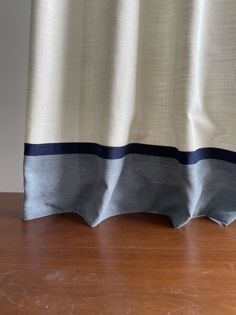 White Linen Curtain Panels,pleated Curtains With Navy Ribbon,color Block Drapes,curtains With Blue Border,minimalist Design - Etsy Curtains Inspiration Living Room, Two Tone Curtains, Color Block Drapes, Color Block Curtains, Navy Curtains, Navy Blue Curtains, Curtain Inspiration, White Linen Curtains, Drapery Styles