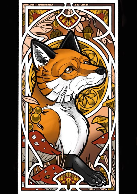 Art Nouveau Fox Tattoo, Animal Art Nouveau, Fox Art Nouveau, Art Nouveau Lady Tattoo, Neuvou Art, Art Noveau Illustrations, Art Nouveau Animals Illustration, Art Nouveau Poster Design, Art Nouveau Design Illustration