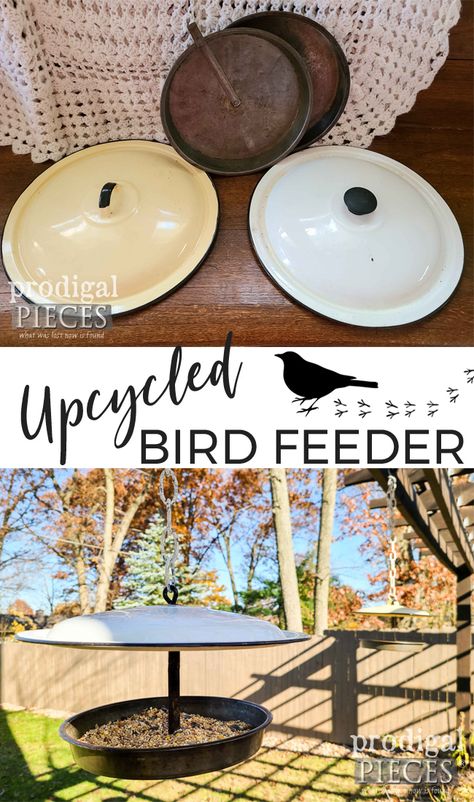 Create an upcycled bird feeder from misfit enamel pot lids and cake pans. Tutorial by Larissa of Prodigal Pieces at prodigalpieces.com #prodigalpieces #upcycled #garden #birds #farmhouse #home #homedecor Bird Feeder Landscaping Ideas, Bird Feeder Diy, Upcycled Garden, Bird Feeding Station, Homemade Bird Feeders, Diy Bird Feeder, Recycled Garden, Bird Baths, Garden Birds