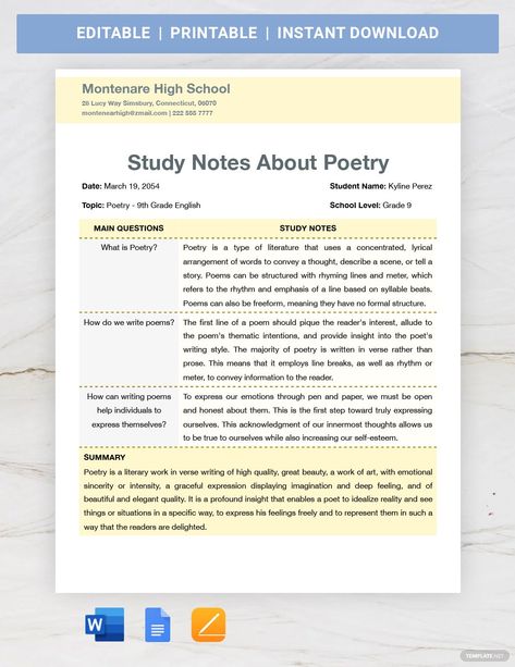 Google Doc Notes Template, Note Taking Methods, What Is Poetry, Note Taking Template, 9th Grade English, College Note Taking, Hand Written Notes, Google Doc Templates, Graphic Design Cv