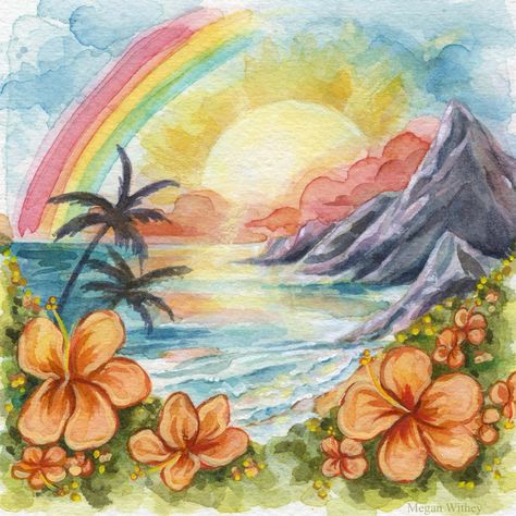 Maui, Hawaii Landscape 10x10" Premium Art Print.  Printed on heavyweight 16pt. museum quality gicleé stock paper with an archival UV coating. Vintage Hawaii Art, Tropical Art Painting, Hawaii Drawing, Hawaii Decor, Hand Kunst, Hawaii Painting, Hawaii Landscape, Art Amour, Beachy Art