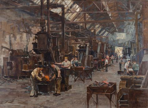 Erich Mercker Forging Steel in factory |  Industrial painting Industrial Revolution Factories, Industrial Age Aesthetic, Industrial Era Aesthetic, Industrialization Art, Industrial Revolution Aesthetic, Industrial Revolution Art, Victorian Factory, Industry Aesthetic, Industrial Society