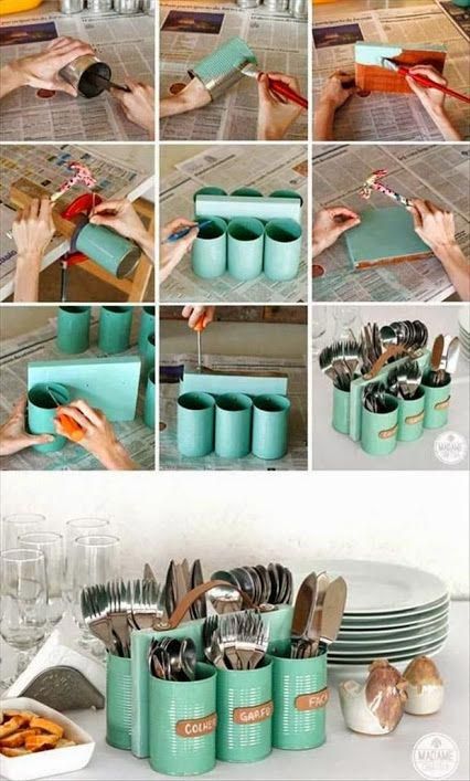 Cubertero con latas Recycling Cans, House Tips, Cutlery Storage, Tin Can Crafts, Apartment Diy, Cutlery Holder, בר מצווה, Do It Yourself Crafts, Can Crafts