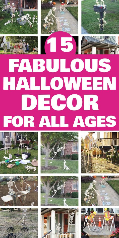 15 creative Halloween decorations featuring skeletons in various humorous setups in neighborhood yards. Halloween Lights Diy, Mason Jar Halloween Crafts, Eerie Lighting, Halloween Yard Decorations Diy, Halloween Signs Diy, Dollar Tree Halloween Decor, Spooky Halloween Crafts, Unique Halloween Decorations, Halloween Costumes To Make