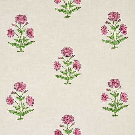 Poppy Hand Block Print - Rose & Grass Fabrics | Schumacher English Aesthetic, Flame Test, Indian Colours, Block Printed Pillows, Poppy Design, Schumacher Fabric, Block Print Fabric, Sky Color, Fabric Roses