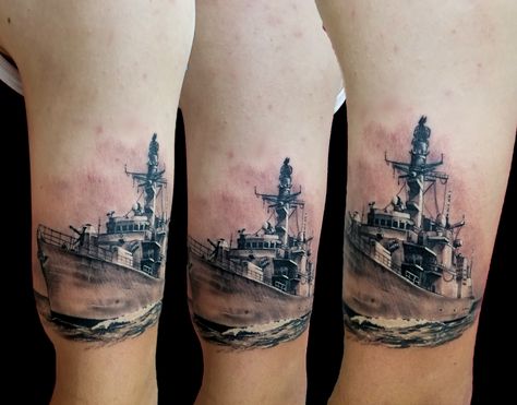 Navy Boat Tattoo, Coast Guard Tattoo Ideas, Royal Navy Tattoo, Warship Tattoo, Navy Ship Tattoo, Navy Tattoo Ideas, Destroyer Tattoo, Battleship Tattoo, Us Navy Tattoos