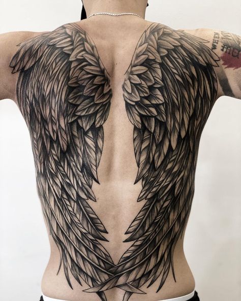 Angel Wings Tattoo Mens Wings Back Tattoo, Angel Wings Back Tattoo For Men, Tattoo Of Wings On Back, Gargoyle Wings Tattoo, Men Wings Tattoo, Angel Wings Tattoo Men, Feather Wings Tattoo, Realistic Wings Tattoo, Back Wings Tattoo Men