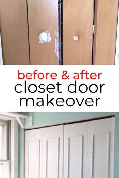 Molding On Closet Doors, Change Bifold Doors To Regular Doors, Upgrade Bifold Closet Doors, Update Old Doors, Closet Doors Diy, Old Closet Doors, Bifold Doors Makeover, Folding Closet Doors, Cheap Closet