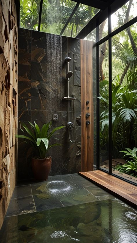 Japanese Garden Bathroom, Outside Shower Aesthetic, Rock Wall In House, Indoor Outdoor Shower Ideas, Shower With Plants Inside, Bali Bathroom Design, Stone Walk In Shower Ideas, Zen Master Bath, Rainforest Bathroom Ideas