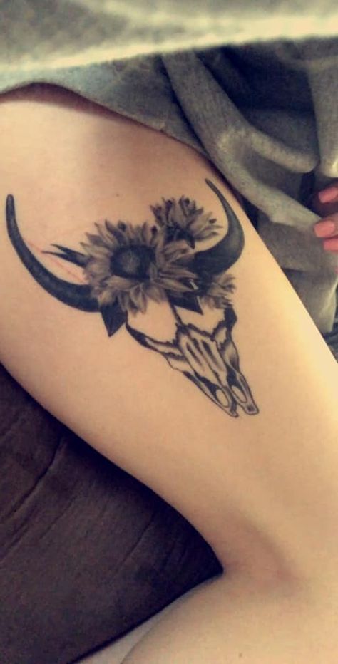 Skull And Sunflower Tattoo, Skull And Sunflower, Cow Skull Tattoo, Cow Skull Tattoos, Cow Tattoo, Ankle Tattoos, Bull Skull, Sunflower Tattoo, Cow Skull