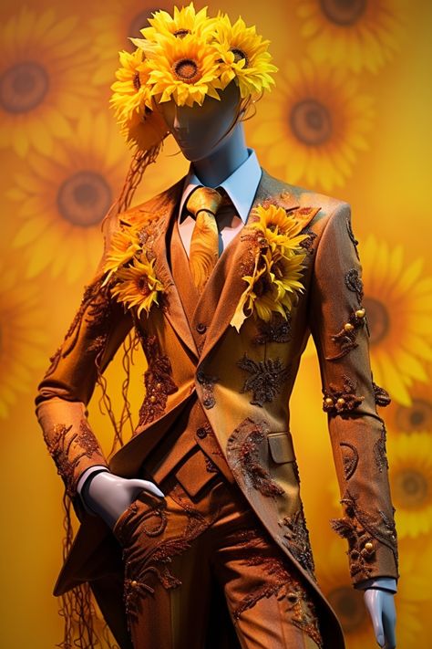 Sunflower inspired suit Flower Suits Men, Flower Suit, Floral Suit Men, Hero Clothes, Gold Suit, Met Gala Outfits, Fancy Shirt, Fancy Suit, Gala Outfit