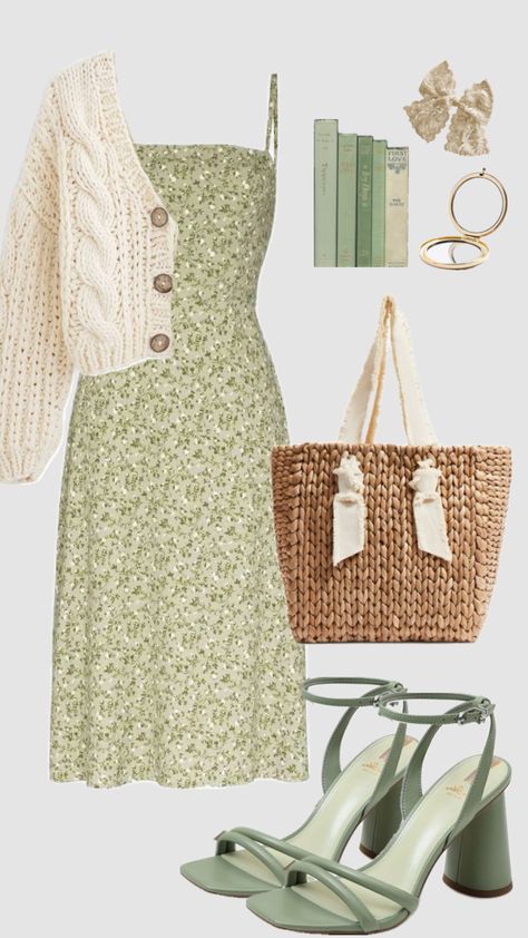 #vintage #sagegreen #churchoutfit #dress #cardigan #modest #spring #outfit #aesthetic #summeroutfit #christiangirl #outfitideas #ootd Vintage Girly Outfits, Modest Dress Aesthetic, Cute Elegant Outfits, Casual Summer Wedding Guest Outfit, Princess Core Outfit, Florist Outfit, Modest Spring Fashion, Spring Outfit Aesthetic, Green Dress Outfit