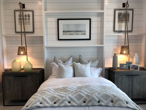 Pendant Lights Over Nightstands Master Bedrooms, Hanging Lights Over Nightstands, Pendant Over Nightstand, Hanging Nightstand Lights, Mirror Behind Nightstand, Hanging Bedside Lights, Wall Behind Bed, Symmetrical Balance, Wall Hanging Lights