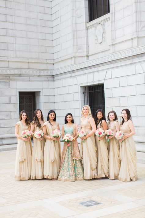 Glam Gold Bridesmaid Saris Bridesmaid Dresses Indian Sisters, Teenage Bridesmaid Dresses, Indian Bridesmaids Outfits, Desi Bridesmaids, Matching Bridesmaids Dresses, Bridesmaid Dresses Indian, Cute Bridesmaid Dresses, Bridesmaid Photoshoot, Indian Bridesmaid Dresses