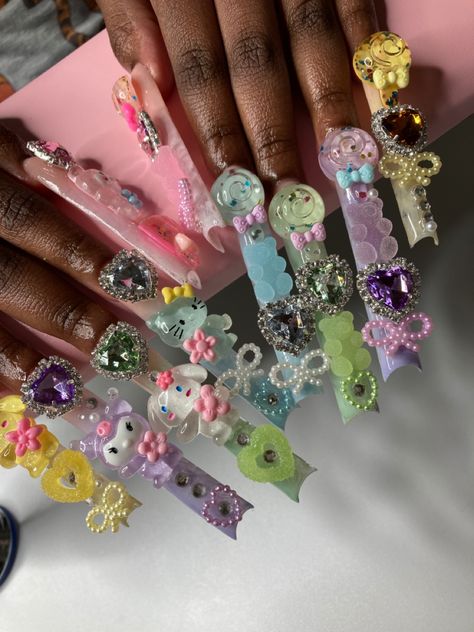 Super Extra Nails, Extra Long Nails With Charms, Long Chunky Nails, Xxl Junk Nails, Chunky Nail Charms, Chunky Charm Nails, Kandi Nails, Long Nails With Charms, Long Junk Nails