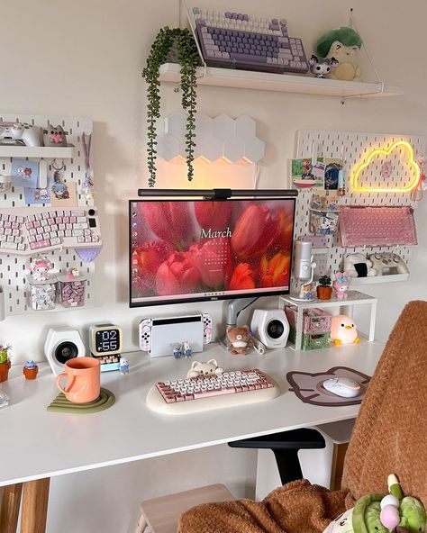 Glyk🌰 | happy Sunday🌱 here’s a March dump cause I forgot to post these 🤭 how is it mid April already?? 🌸 desk setup • cozy games • mechanical ke… | Instagram Desk Setup Cozy, March Dump, Desk Idea, Cozy Games, Kawaii Bedroom, Study Desk Decor, Cute Apartment, Desktop Setup, Desk Goals