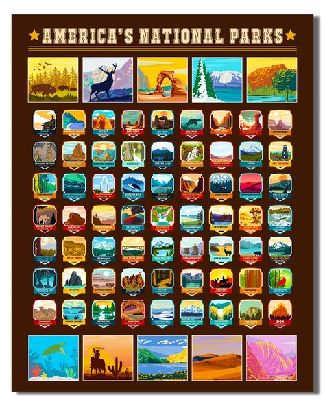 PRICES MAY VARY. 🏞️ Discover America’s 63 Breath-Taking National Parks: With fun illustrations, this scratch off poster by ‌GlibertVillageGoods combines the thrill of scratching off layers to reveal hidden details with the excitement of exploring the US National Parks. 🏞️ A National Park Scratch Off Poster Made To Last: Our national park map is made of thick paper that stands the test of time, with hand-crafted illustrations that will never fade. The gold foil top layer makes our national park Us National Parks Map, National Parks Map, National Parks Usa, National Park Posters, National Parks Trip, Fun Illustration, Us National Parks, Travel Maps, Scratch Off