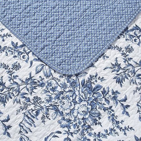 Amazon.com: Laura Ashley Quilt Set Reversible Cotton Bedding with Matching Shams, Lightweight Home Decor for All Seasons, King, Bedford Delft Blue : Home & Kitchen Blue Quilt Bedding, Cotton Quilt Set, Ashley Home, Work Space Decor, Blue Toile, Bed In A Bag, Quilted Sham, Blue Quilts, Reversible Quilt