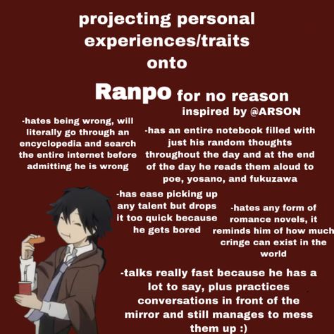 Ranpo Kinnie Songs, Ranpo Edogawa Headcanons, Ranpo Kinnie Call Out, Ranpo Edogawa Kinnie, Ranpoe Headcanon, Bungo Stray Dogs Kinnie Bingo, Ranpo Headcanons, Ranpo Headcanon, Ranpo Kinnie Bingo