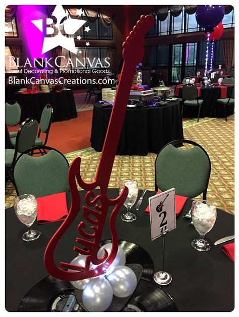 Music Theme Quinceanera, Rock And Roll Centerpiece Ideas, Rock And Roll Theme Party Centerpieces, Rock And Roll Centerpieces, Guitar Centerpiece Ideas, Rock And Roll Themed Centerpieces, Rock Party Centerpieces, Rockstar Centerpiece, Guitar Party Decorations