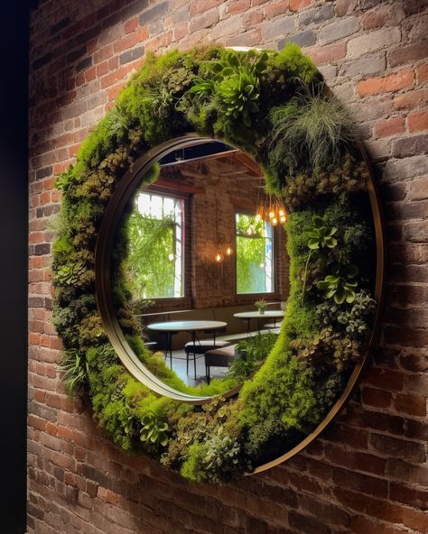 Circular mirror moss framed wall art Mirror With Greenery Around It, Moss Framed Mirror, Moss Mirror Frame, Moss Covered Mirror, Moss Mirror Diy, Mirror Moss, Moss Mirror, Beachy Boho Bedroom, Wreath Mirror